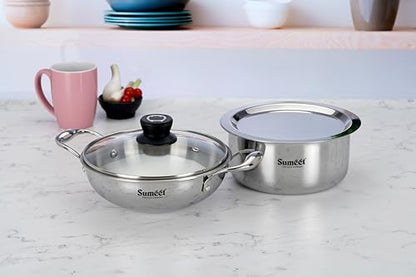 Sumeet Cook Smart TriPly Stainless Steel 4Pc Induction Base Cookware Set of Deep Kadai - 20cm - 1.7L, Tope 18cm, 2 LTR with Glass Lid & Steel Lid, Pack of 4, Silver