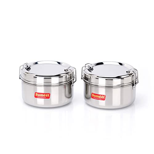 Sumeet Stainless Steel Meal Pack Lunch Box / Tiffin with Steel Separator Plate and Locking Clip, Set of 2Pc, 250ML & 300ML, 9.5cm & 11.5cm Dia, Silver