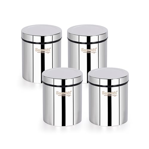 Sumeet ISI Certified Stainless Steel Air Tight Storage Container/Jar/Canister/Dabba with Threading Screw Cap for Kitchen - Pack of 4Pc, 8.3cm, 450ml, Silver