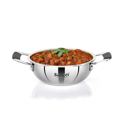Sumeet Cook Smart ISI Certified Tri-Ply (Steel - Aluminium - Steel) Mini Kadai with Silicon Grip | Induction and Gas Friendly | 2.5mm Thick | 370ml -12Cm, Silver