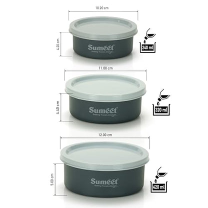 Sumeet Microwave Safe Stainless Steel Air Tight & Leak Proof Lunch Boxes/Storage Containers with Lids for Kitchen/Office/School, 240ml, 320ml, 420ml, set of 3, Grey