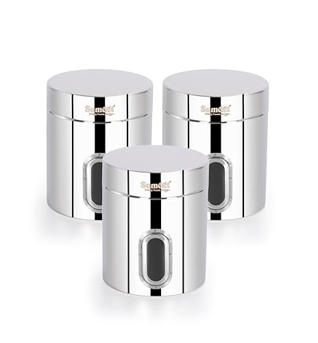 Sumeet Stainless Steel Small Containers/Jars/Dabba for Kitchen Storage with See Through Window - set of 3Pcs, 310ml capacity each, 7.3cm Dia, Silver