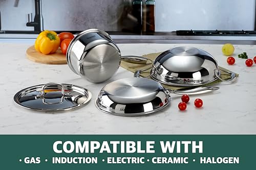 Sumeet Cook Smart TriPly Stainless Steel 4Pc Induction Base Cookware Set of Deep Kadai - 20cm - 1.7L, Frypan - 20Cm - 1 LTR, Saucepan - 14Cm - 1.150 LTR & Steel Lid, Pack of 4, Silver