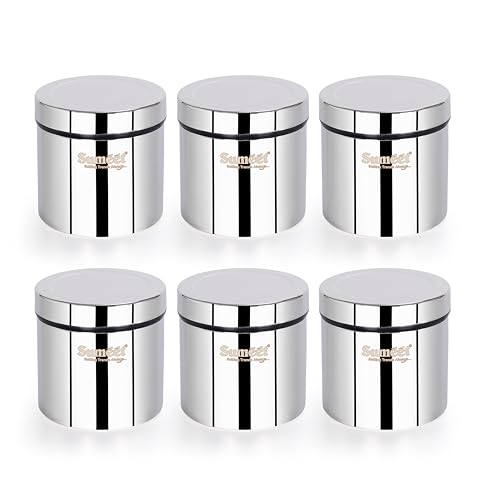 Sumeet ISI Certified Stainless Steel Air Tight Storage Container/Jar/Canister/Dabba with Threading Screw Cap for Kitchen - Pack of 6Pc, 8.3cm, 350ml, Silver