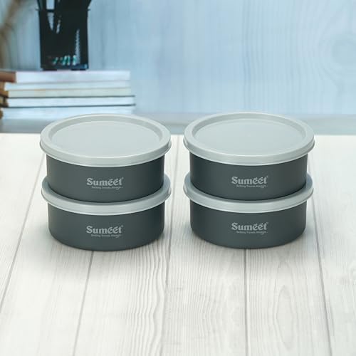 Sumeet Microwave Safe Stainless Steel Air Tight & Leak Proof Lunch Boxes/Storage Containers with Lids for Kitchen/Office/School, 420ml, set of 4, Grey