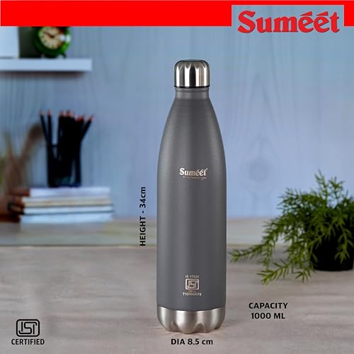 Sumeet Thermo1000 ISI Certified Stainless Steel Hot & Cold Double Walled Leak Proof Vacuum Flask/Water Bottle for Office/School/College/Gym/Picnic/Home/Trekking- 1000ml, Grey