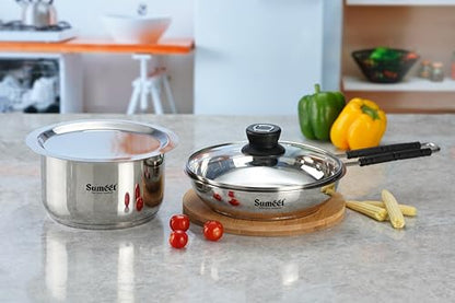 Sumeet Stainless Steel Induction Bottom Gas Stove & Induction Friendly 4PC Cookware Set, Frypan 1250ml / 20cm, Tope 1700ml / 20cm, with 1Glass Lid &1 Steel Lid, Pack of 4, Silver