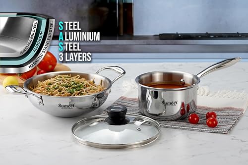 Sumeet Cook Smart TriPly Stainless Steel 3Pc Induction Base Cookware Set of Deep Kadai - 20cm - 1.7L, Saucepan - 14Cm - 1.150 LTR & Glass Lid, Pack of 3, Silver