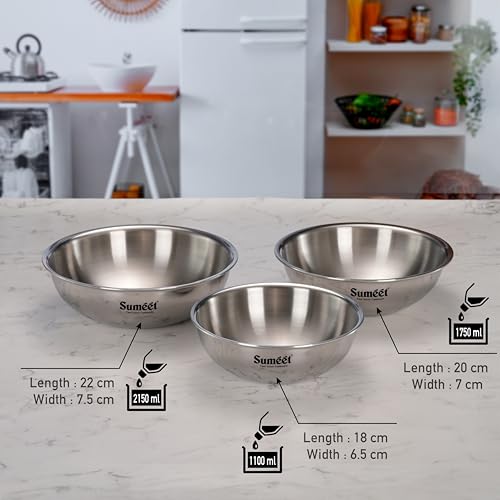 Sumeet Cook Smart TriPly SAS (Steel-Aluminium-Steel -3 Layers) Cookware Tasra Set of 3Pc 1.1Ltr, 1.75Ltr & 2.150Ltr / 2.5mm Thick/Deep Tasra/Kadhai for Induction Friendly Cooking - 5 Year Warranty