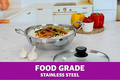 Sumeet Cook Smart TriPly Stainless Steel Induction Base Deep Kadai with Glass Lid - 3.5 LTR - 26Cm, Pack of 1, Silver