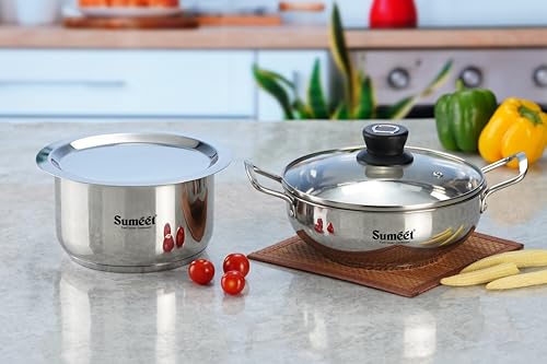 Sumeet Stainless Steel Induction Bottom Gas Stove & Induction Friendly 4PC Cookware Set, Kadai - 1500ml / 20cm, Tope 1700ml / 20cm, with 1Glass Lid &1 Steel Lid, Pack of 4, Silver