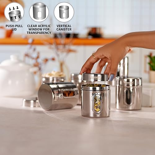 Sumeet Stainless Steel Small Containers/Jars/Dabba for Kitchen Storage with See Through Window - set of 6Pcs, 310ml capacity each, 7.3cm Dia, Silver