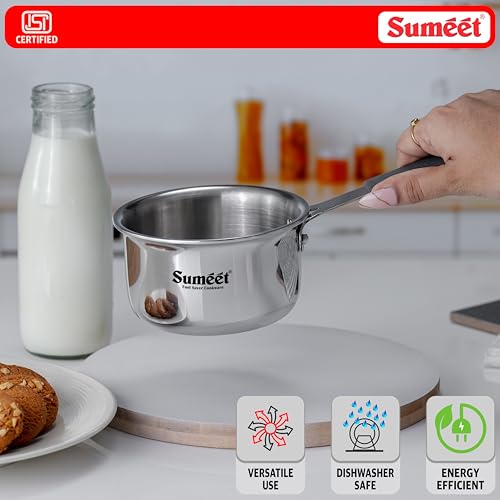 Sumeet Cook Smart ISI Certified Tri-Ply (Steel - Aluminium - Steel) Mini SauceTadka Pan with Silicon Grip | Induction and Gas Friendly | 2.5mm Thick | 450ml -10Cm, Silver
