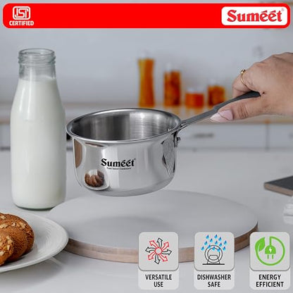 Sumeet Cook Smart ISI Certified Tri-Ply (Steel - Aluminium - Steel) Mini SauceTadka Pan with Silicon Grip | Induction and Gas Friendly | 2.5mm Thick | 450ml -10Cm, Silver