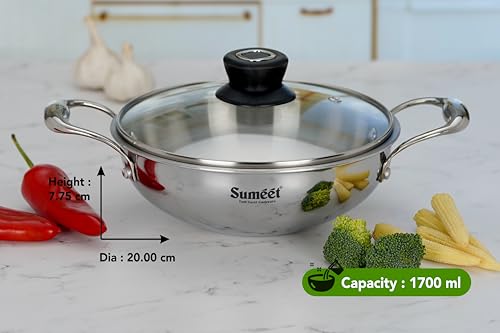 Sumeet Cook Smart TriPly Stainless Steel Induction Base Deep Kadai with Glass Lid - 1.7 LTR - 20Cm, Pack of 1, Silver