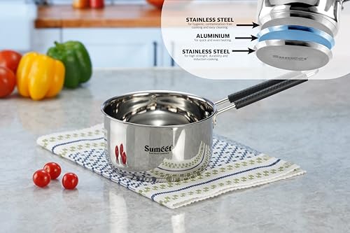 Sumeet Stainless Steel Induction Bottom Gas Stove & Induction Friendly Saucepan with Bacelite wire handle, 1750ml, 16 cm Dia, Silver