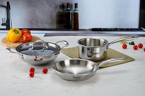 Sumeet Cook Smart TriPly Stainless Steel 4Pc Induction Base Cookware Set of Deep Kadai - 20cm - 1.7L, Frypan - 20Cm - 1 LTR, Saucepan - 14Cm - 1.150 LTR & Steel Lid, Pack of 4, Silver