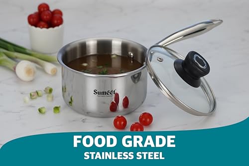 Sumeet Cook Smart TriPly Stainless Steel Induction Base Saucepan with Glass Lid - 2.3 LTR - 18Cm, Pack of 1, Silver