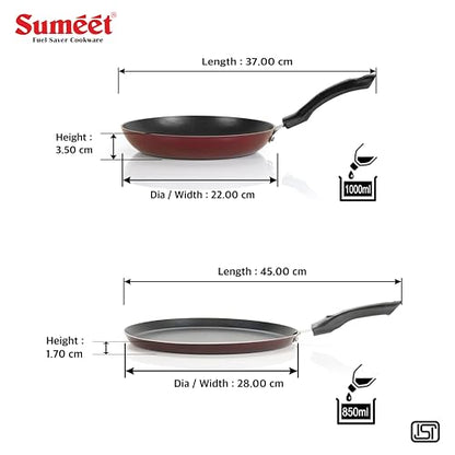 Sumeet Elegantia Induction Base Non Stick Aluminium Cookware Set of 2Pcs - Dosa Tawa 28cm / Tapper Pan 22cm / 1000ml Capacity | Gas and Induction Friendly | Cherry