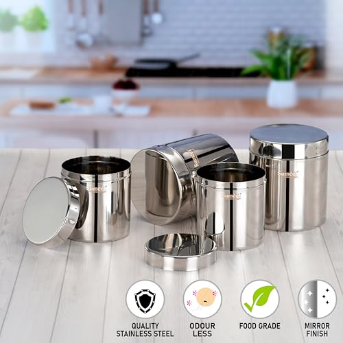 Sumeet Stainless Steel Containers/Jars/Dabba for Kitchen Storage with Lids - set of 4Pcs, 1250ml + 1800ml capacity, 11.5cm & 13.3cm Dia, Silver