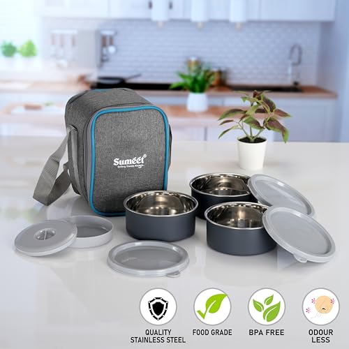 Sumeet EPULO Lunch Box Tiffin with Microwave Safe and Leak Proof 3 Inner Steel Containers + 1 Plastic Chutney/Pickel Container with BPA Free Air Tight Lids - 420ml & Insulated Fabric Bag, Grey