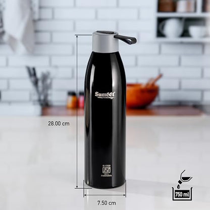 Sumeet Dew 24 Hrs Hot & Cold ISI Certified Stainless Steel Leak Proof Water Bottle for Office/School/College/Gym/Picnic/Home/Trekking -750ml, Pack of 1, Black