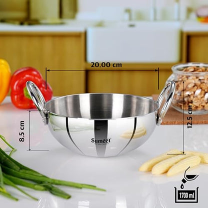 Sumeet ISI Certified Cook Smart TriPly Steel-Aluminium-Steel 3 Layer Round Bottom Kadai - 20cm, 1.7Ltr, Silver