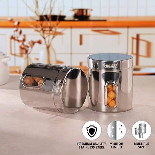 Sumeet Stainless Steel Small Containers/Jars/Dabba for Kitchen Storage with See Through Window - set of 2Pcs, 1100ml capacity each, 11.5cm Dia, Silver