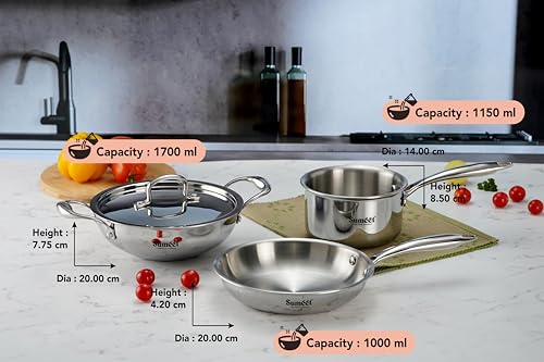 Sumeet Cook Smart TriPly Stainless Steel 4Pc Induction Base Cookware Set of Deep Kadai - 20cm - 1.7L, Frypan - 20Cm - 1 LTR, Saucepan - 14Cm - 1.150 LTR & Steel Lid, Pack of 4, Silver