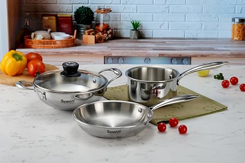 Sumeet Cook Smart TriPly Stainless Steel 4Pc Induction Base Cookware Set of Deep Kadai - 20cm - 1.7L, Frypan - 20Cm - 1 LTR, Saucepan - 14Cm - 1.150 LTR & Glass Lid, Pack of 4, Silver