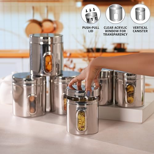 Sumeet Stainless Steel Small Containers/Jars/Dabba for Kitchen Storage with See Through Window - set of 6Pcs, 1100ml + 1820ml capacity, 11.5cm & 13.3cm Dia, Silver