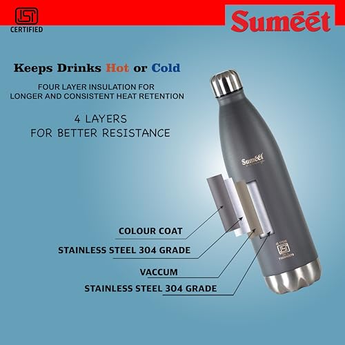 Sumeet Thermo1000 ISI Certified Stainless Steel Hot & Cold Double Walled Leak Proof Vacuum Flask/Water Bottle for Office/School/College/Gym/Picnic/Home/Trekking- 1000ml, Grey