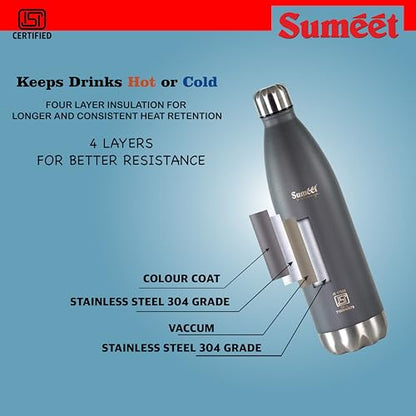 Sumeet Thermo1000 ISI Certified Stainless Steel Hot & Cold Double Walled Leak Proof Vacuum Flask/Water Bottle for Office/School/College/Gym/Picnic/Home/Trekking- 1000ml, Grey