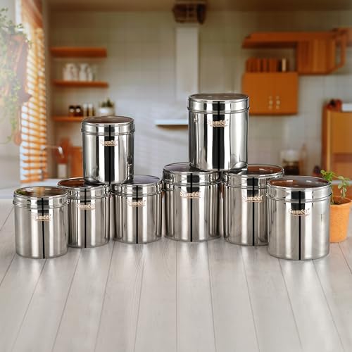 Sumeet Stainless Steel Containers/Jars/Dabba for Kitchen Storage with See Through Lids - set of 8Pcs, 1350ml + 2050ml capacity, 11.7cm & 13.5cm Dia, Silver