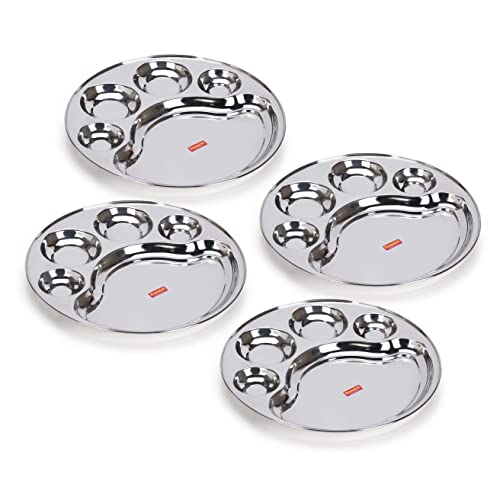 Sumeet Stainless Steel Round 5 in 1 Compartment Lunch / Dinner Plate 1Pc, 31cm Dia, Silver