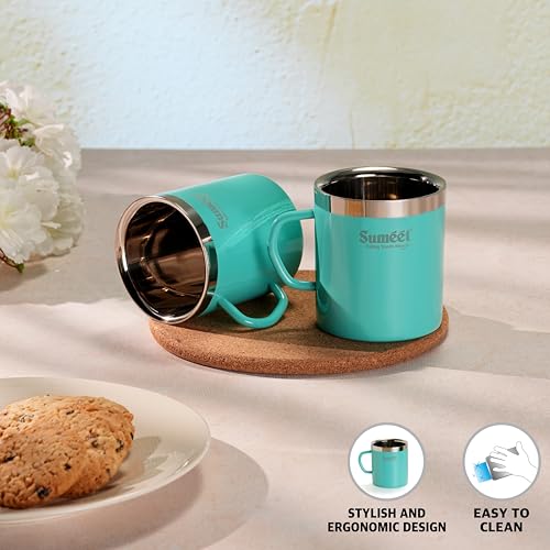 Sumeet Stainless Steel Coloured Double Wall Tea/Milk/Coffee Mug Set of 2Pc - 300ml - Green