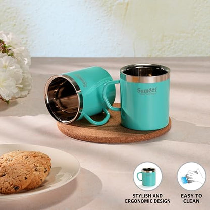 Sumeet Stainless Steel Coloured Double Wall Tea/Milk/Coffee Mug Set of 2Pc - 300ml - Green