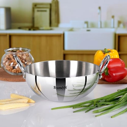 Sumeet ISI Certified Cook Smart TriPly Steel-Aluminium-Steel 3 Layer Round Bottom Kadai - 22cm, 2.350Ltr, Silver