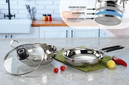 Sumeet Stainless Steel Induction Bottom Gas Stove & Induction Friendly 3PC Cookware Set, Kadai - 1500ml / 20cm, Frypan 1250ml / 20cm with Glass Lid, Pack of 3, Silver