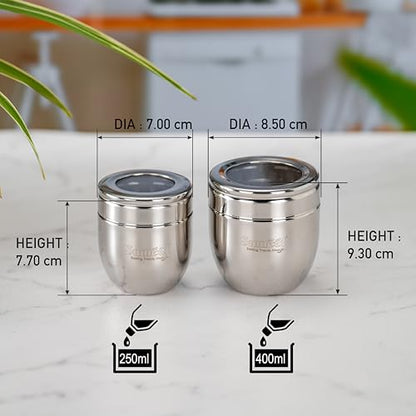 Sumeet Stainless Steel Conical Shape Canisters/Dabba/Storage Containers for Kitchen with See Through Lid, Set of 2 Pcs, (250ml-7cm Dia-1Pc & 400ml-8.5cm Dia-1Pc), Silver