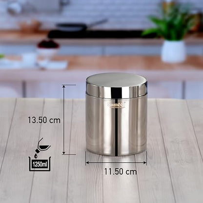 Sumeet Stainless Steel Containers/Jars/Dabba for Kitchen Storage with Lids - set of 2Pcs, 1250ml capacity, 11.5cm Dia, Silver