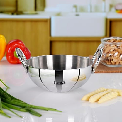 Sumeet ISI Certified Cook Smart TriPly Steel-Aluminium-Steel 3 Layer Round Bottom Kadai - 18cm, 1.350 LTR, Silver