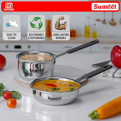 Sumeet Cook Smart ISI Certified Tri-Ply (Steel - Aluminium - Steel) Set of 3 Pcs Mini FryingTadka Pan 400ml - SauceTadka Pan 450ml with Silicon Grip | Induction & Gas Friendly | 2.5mm Thick, Silver