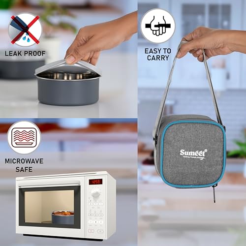 Sumeet EPULO Lunch Box Tiffin with Microwave Safe and Leak Proof 2 Inner Steel Containers + 1 Plastic Chutney/Pickel Container with BPA Free Air Tight Lids - 420ml & Insulated Fabric Bag, Grey