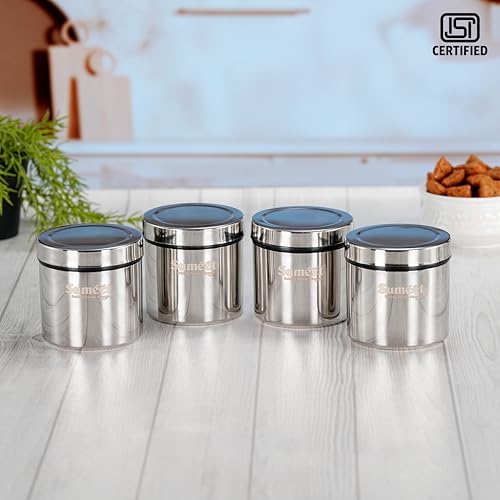 Sumeet ISI Certified Stainless Steel Air Tight Storage Container/Jar/Canister/Dabba with Threading Screw Cap for Kitchen - Pack of 4Pc, 8.3cm, 350ml, Silver