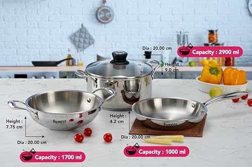 Sumeet Cook Smart TriPly Stainless Steel 4Pc Induction Base Cookware Set of Deep Kadai - 20cm - 1.7L, Frypan - 20Cm - 1 LTR, Casserole - 20cm - 2.9Ltr & Glass Lid, Pack of 4, Silver