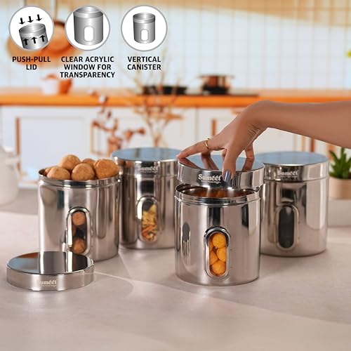 Sumeet Stainless Steel Small Containers/Jars/Dabba for Kitchen Storage with See Through Window - set of 4Pcs, 1100ml capacity each, 11.5cm Dia, Silver