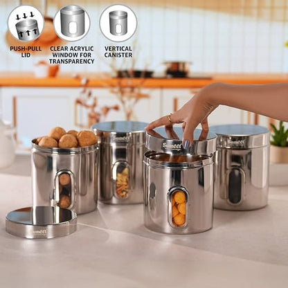 Sumeet Stainless Steel Small Containers/Jars/Dabba for Kitchen Storage with See Through Window - set of 4Pcs, 1100ml capacity each, 11.5cm Dia, Silver