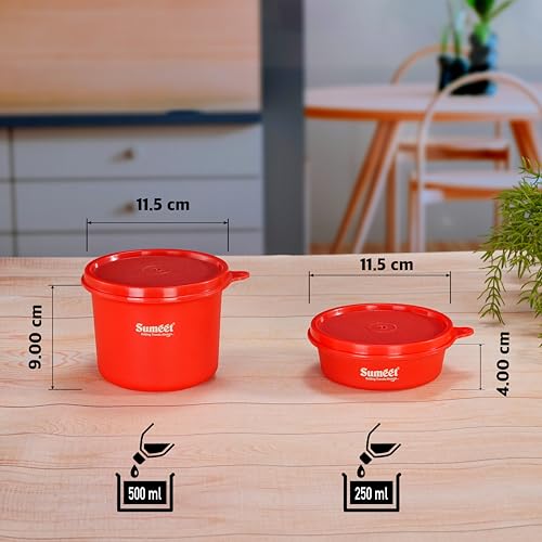 Sumeet ISI Certified Inside Steel Microwave Safe BPA Free Lunch Boxes/Storage Containers with Air Tight & Leak Proof Lid for Home/Office/School, 250ml & 500ml Set of 2, Red