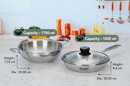 Sumeet Cook Smart TriPly Stainless Steel 3Pc Induction Base Cookware Set of Deep Kadai - 20cm - 1.7L, Frypan - 20Cm - 1 LTR & Glass Lid, Pack of 3, Silver